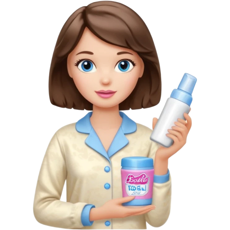 Barbie girl with makeup, blue eyes , and bob long haircut wavy, short brown hair in creamy color pajamas, face cream in hand emoji