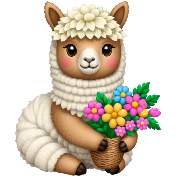 Knitted toy alpaca with flowers in hands emoji