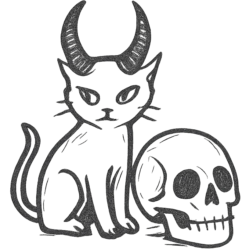 black cat with prominent demon horns perched beside a human skull, hand drawn style, sketchy lines, no fill emoji