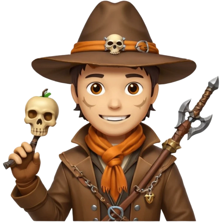 male human monster hunter emoji, wearing brown leather coat and wide hat, holding crossbow, with amulet shaped like skull, Halloween fantasy theme, confident smile, orange scarf, Apple emoji style, clean white background, square image emoji