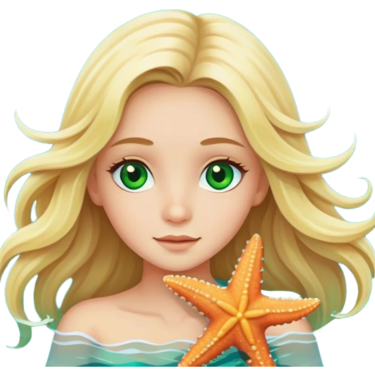 Long hair blonde girl with green eyes in the ocean with star fish emoji