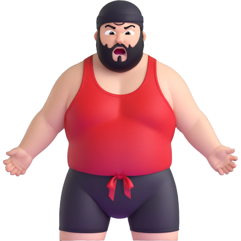 Extreme close-up of face of morbidly obese white skin guy with young face, prominent BLACK DURAG tied clearly on head, black beard but no mustache, clean shaven upper lip, black eyes in a red and black wrestling singlet with mouth wide open screaming angrily emoji