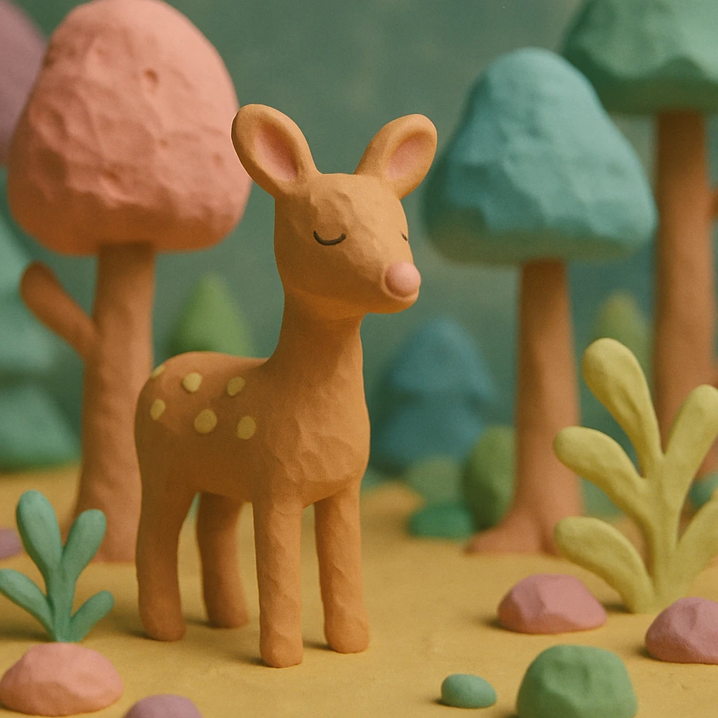 deer standing in a forest, pastel colors, visible fingerprints, playful and textured, claymation style emoji