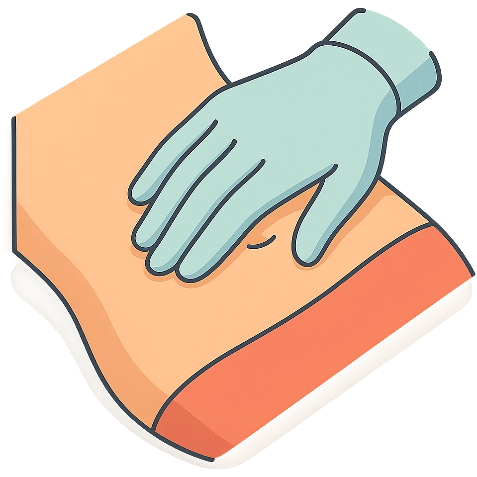 top view close-up of human abdomen, a doctor's hand palpating, hand wearing glove, hand coming from opposite side, fingers gently pressing, 2D isometric style, very detailed, soft rounded shapes, clean contours, pastel palette, refined shadows and highlights, modern illustration, transparent background emoji