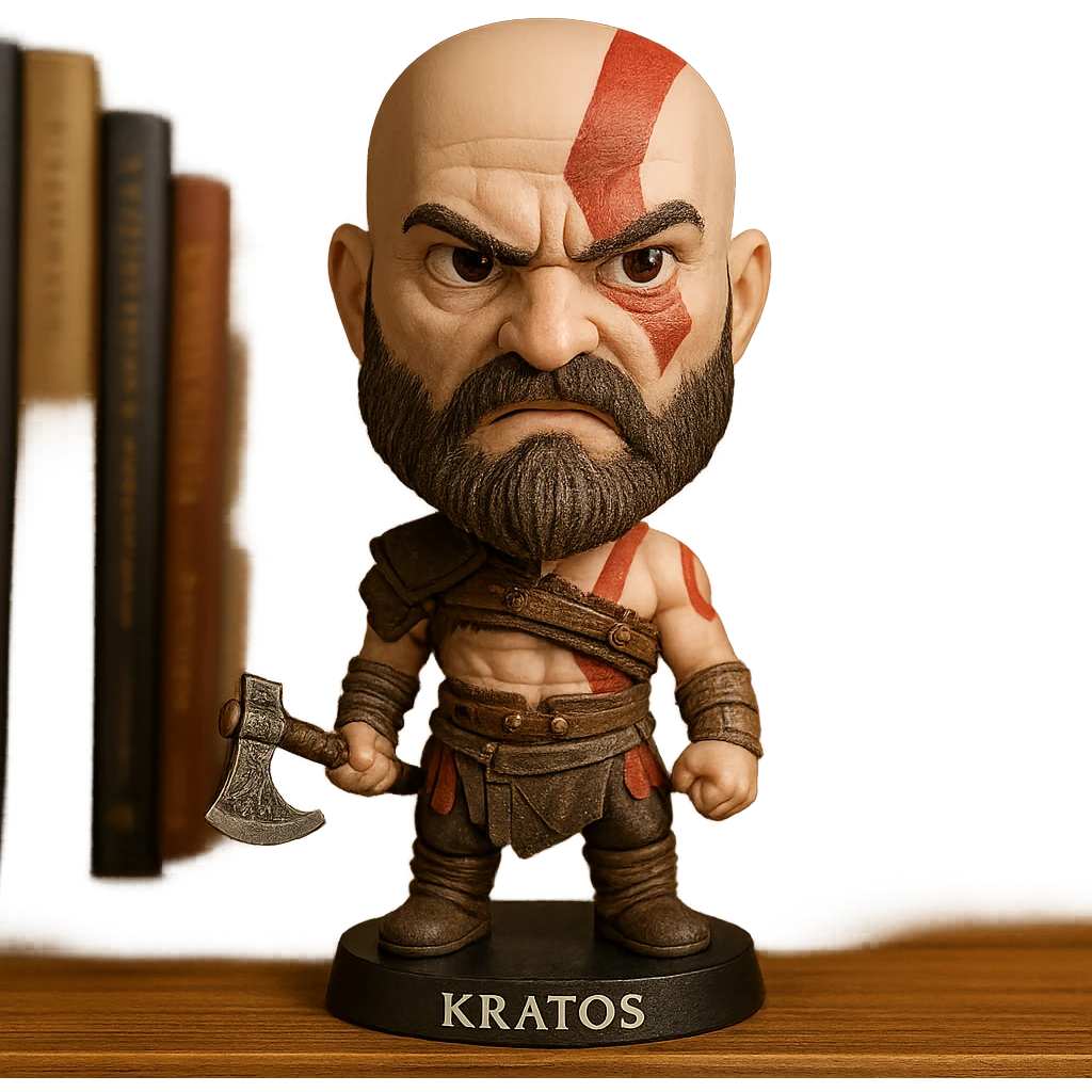 Kratos as a bobblehead with a wobbly head and angry expression emoji