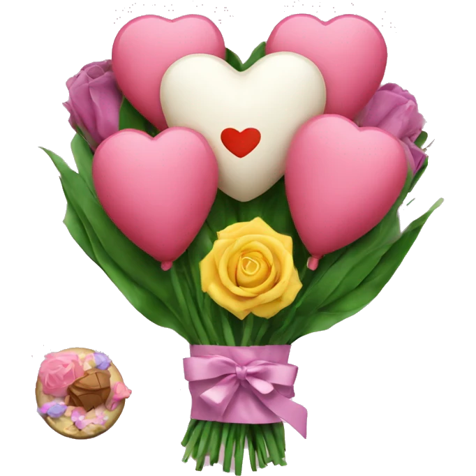 heart emoji with a boquet and chocolates beside it emoji