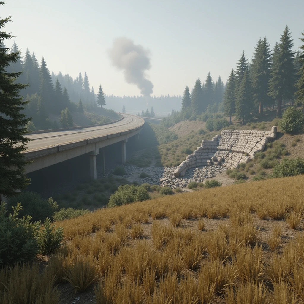  a screenshot of a location in a videogame  the image of the scene consists of: a tall above-ground freeway with a collapsed section in the distance, a wooded area, a small field of wheat, a tall workshop in the distance, and 2-foot tall sandbag wall-fortifications. distant smoke emoji