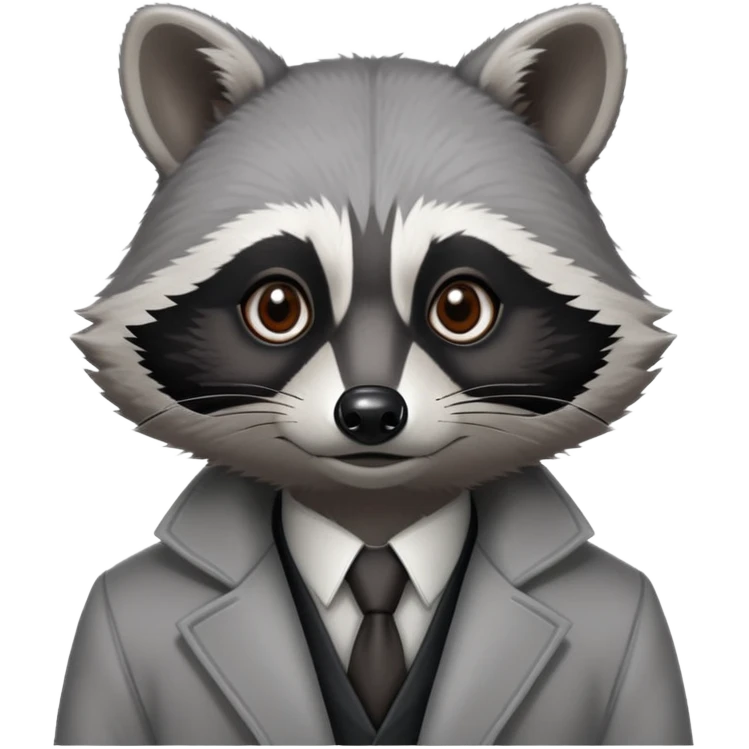 Cinematic-Noble-Raccoon-Portrait-Emoji – Poised and confident, with a sturdy build and a beautifully textured coat of silver-grey accented by dark black facial markings, deep-set, intelligent brown eyes, simplified yet sharp and sophisticated. emoji