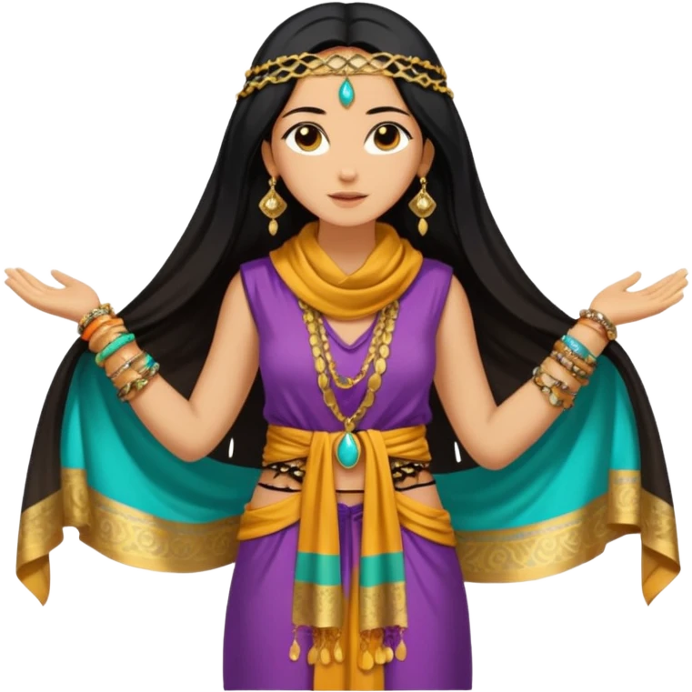 Mujer joven, morena, 
Negro, largo y brillante, suele ir cubierto parcialmente por un velo o pañuelo oriental.inspiración árabe: túnica colorida , con detalles dorados o lentejuelas; brazaletes y pendientes.cuerpo entero emoji