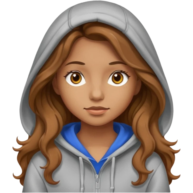 Girl with long and light brown hair and wear hoody and her hai is somethig betwwen curly and stright and her eyes is same color with her hair  emoji