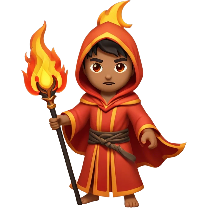 Clash of Clans aesthetic: Cinematic Ferocious Fire Mage Hero Emoji, rendered in a 3D vector-style similar to standard emojis with minimal shading and bold, simplified shapes. A compact, isometric figure draped in flowing, charred and ember-lined robes, wielding a fiery staff crackling with intense flames. Eyes burning with an infernal glow, exuding raw, untamed power. Simplified yet unmistakably iconic, highly detailed and consistent, glowing with a fiery, molten radiance and high shine. Stylized with a touch of menacing sorcery and a searing, ember-infused outline, capturing the essence of a wrathful mage ready to unleash devastating fire magic! emoji
