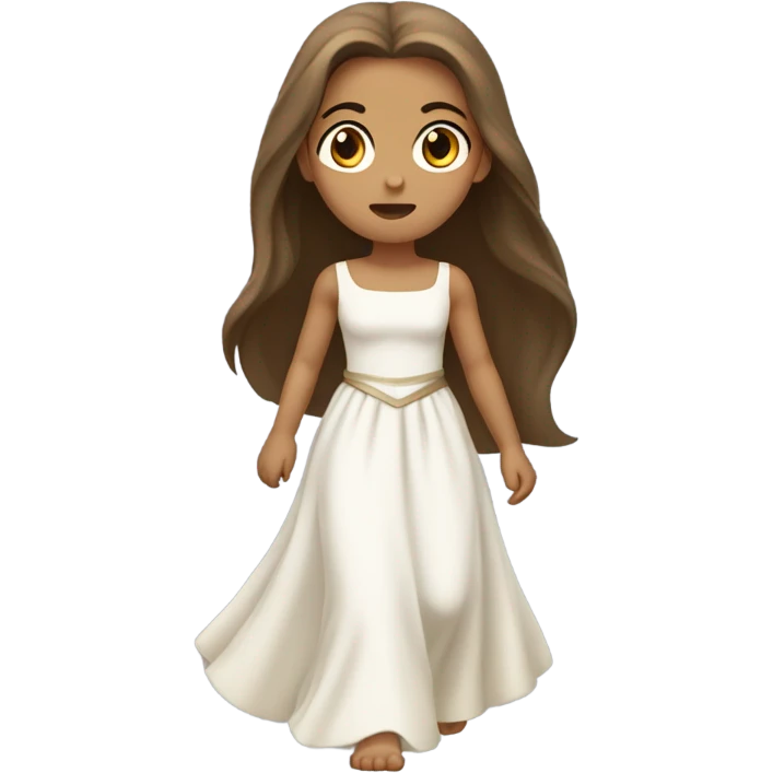 a princess with brown long straight hair, with light skin running in a white dress with a sad face emoji