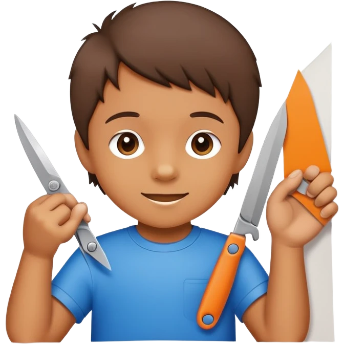 child cutting paper with safety scissors, cheerful and creative emoji