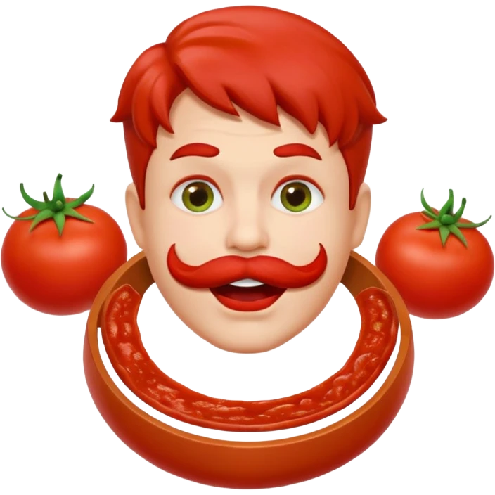 funny theater actor character who ate tomatoes, tomato sauce around mouth, dramatic expression, stage costume collar, 3D cartoon, mobile game icon style, clean background, no text, no watermark
 emoji