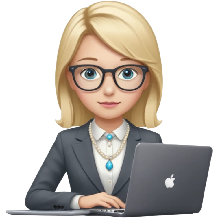 Please take the girl with laptop emoji and make her glassess light brown, her eyes ocean blue and her nose a bit smaller and pointier and she has blonde very long hair and a dark grey suit and pearls necklace, and has a laptop in fron of her and a tiny pink bow on the left side of her head emoji