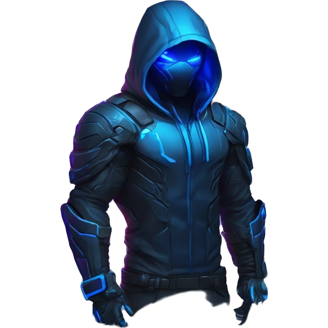 developer behind his laptop with this style : crysis Cyberpunk Valorant neon glowing bright blue character blue black hooded assassin themed character emoji