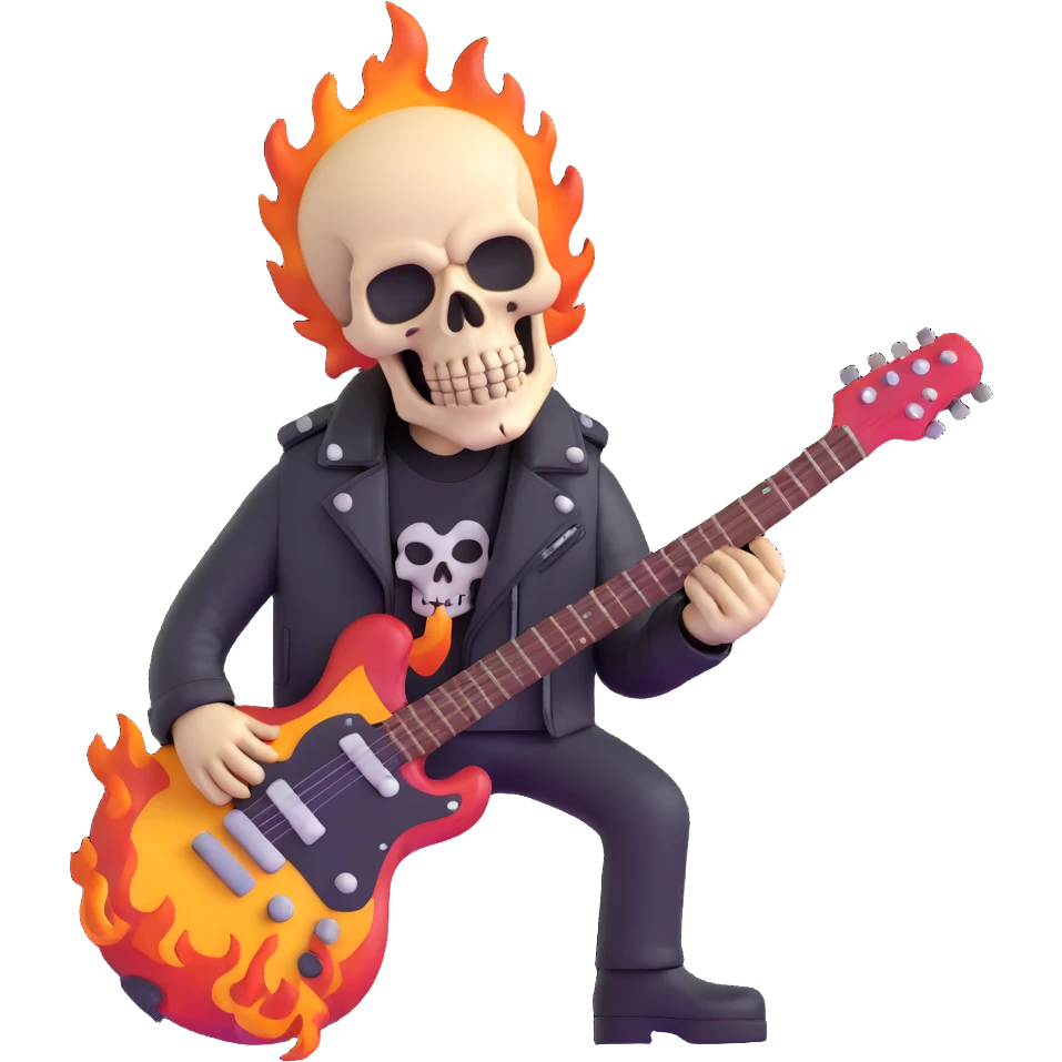 heavy metal skull with flames, electric guitar, leather jacket emoji