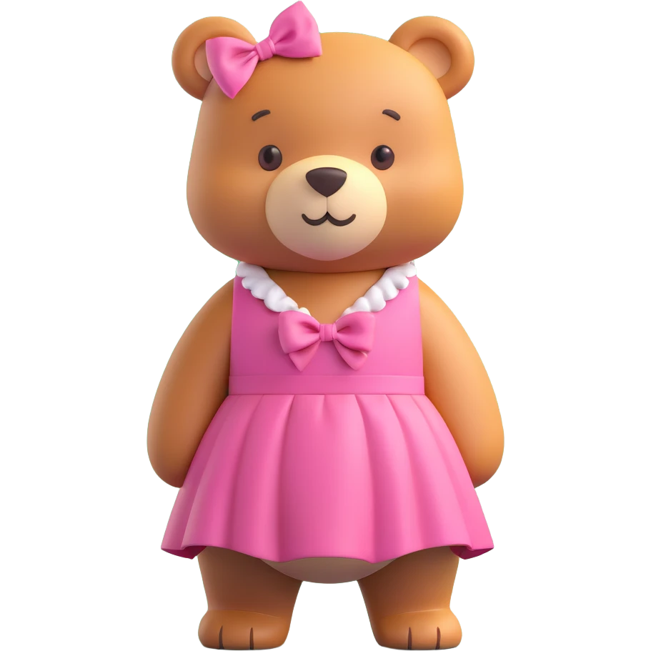cute bear in a pink dress with bows, standing in front of a tall ornate mirror in a pastel room, 3D iOS emoji style, rounded, bright colors, playful and soft look emoji