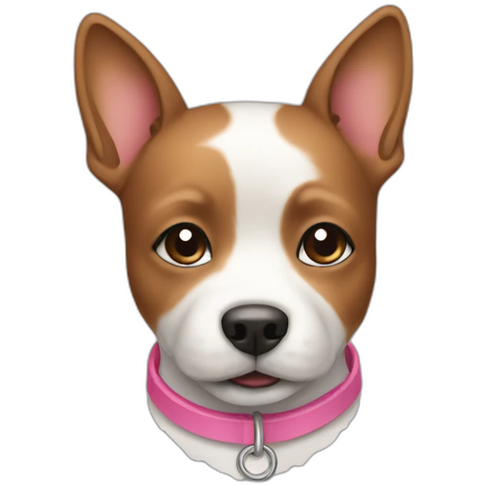 A small dog, white and brown, with a pink collar. emoji