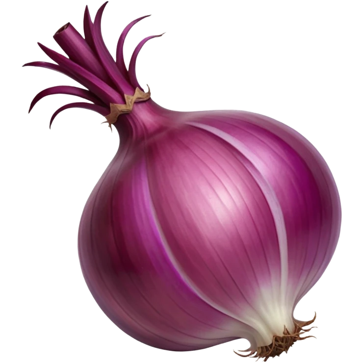 whole unpeeled red onion, rounded slightly flattened, shiny papery purplish-red skin, visible striations, dried stem, few dry roots, 3D rendered, clean minimal soft shadows, realistic lighting, no anthropomorphic elements, emoji scale emoji