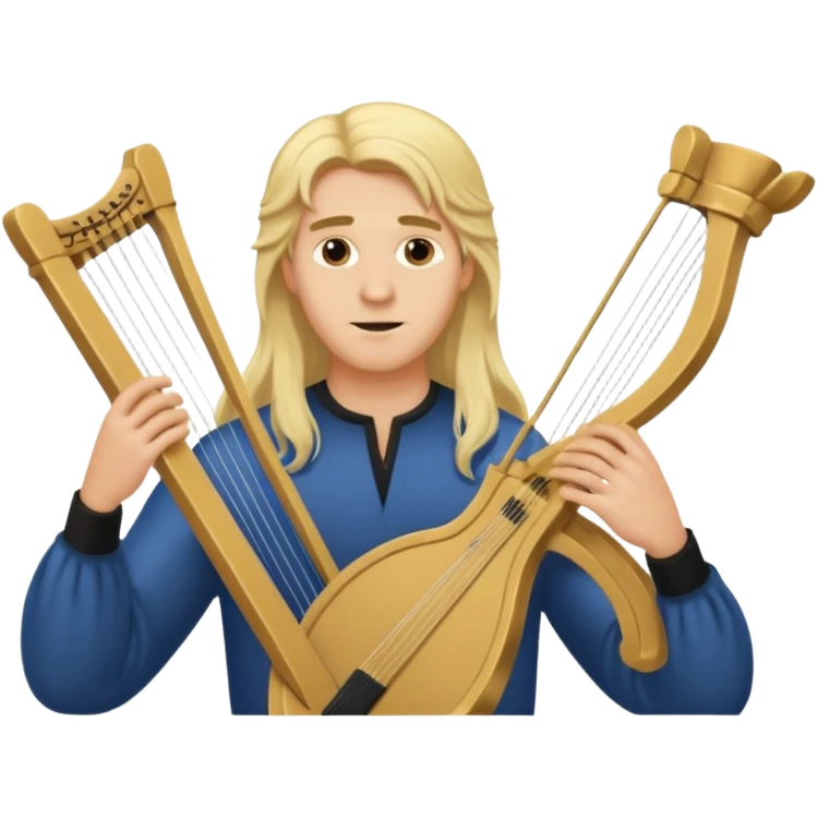 Man with long blonde hair carelessly  holding a lyre emoji