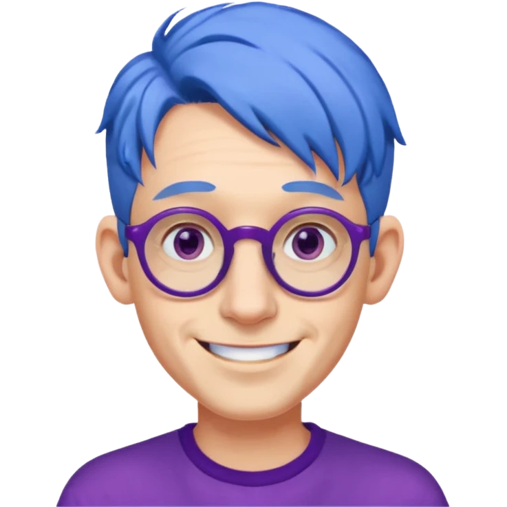 blue haired man mid length with big ears and purple earrings and spectaclesi happy emoji