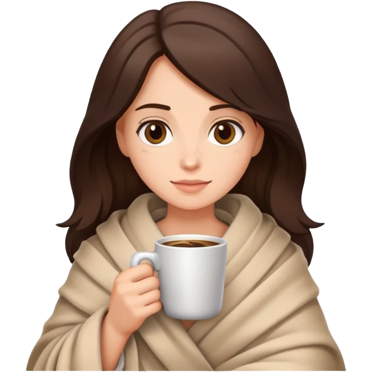 brunette girl holding a coffee, wrapped in a blanket emoji