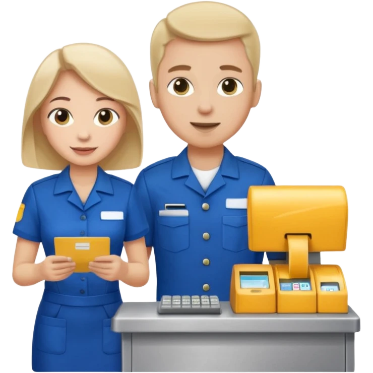 Supermarket employee at a cash register, full body, serving a man emoji