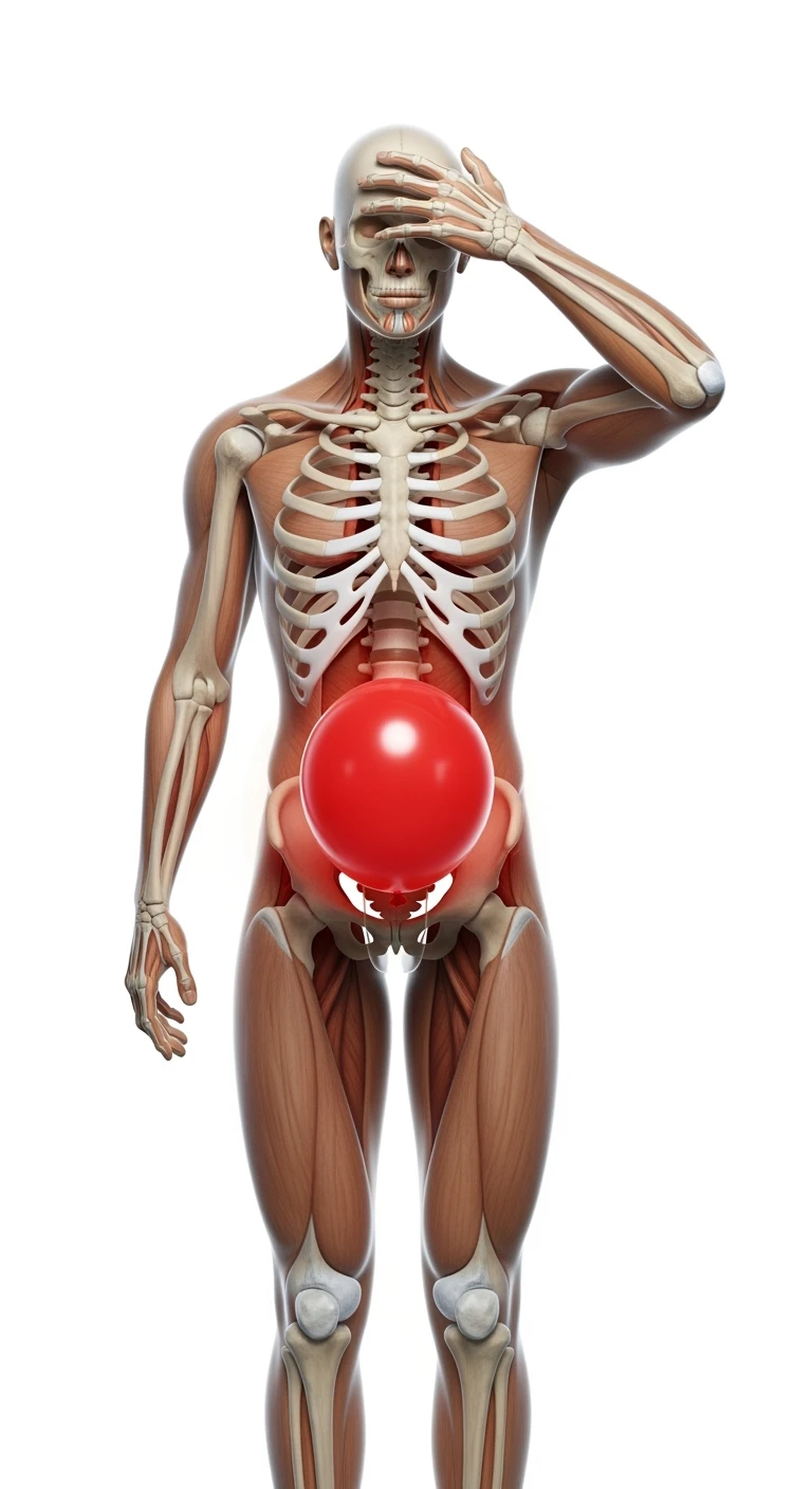 corpo umano anatomico realistico in posa frontale con spina dorsale anatomica in evidenza e palloncino rosso sulla pancia, si tiene una mano sulla fronte disperata per la pancia gonfia, iperrealistica 4k, isolato su sfondo bianco emoji