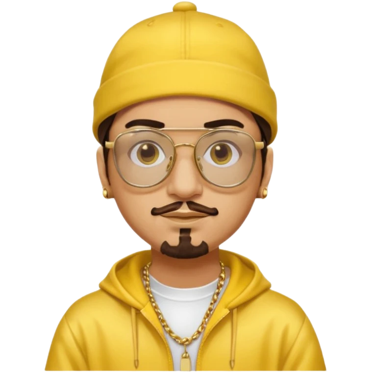 Ali G from Ali G Indahouse with brown eyes, dark brown hair, gold outfit, yellow glasses and hat emoji