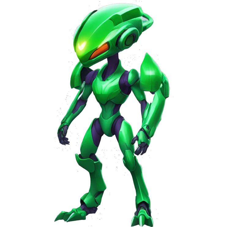 a shiny green Genesect-Raptor-Fakémon—hybrid with a futuristic visor-helmet full body emoji