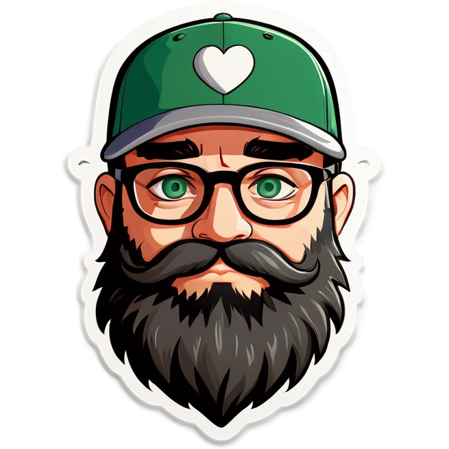 A bold man with a grey baseball cap, green eyes, big beard and glasses hugging heart emoji