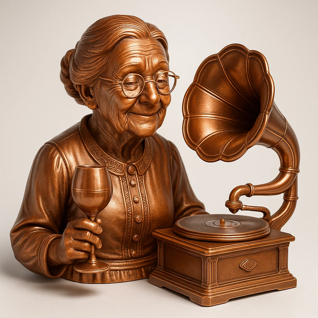 old lady with wineglass listening to gramophone emoji