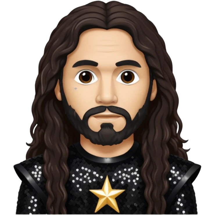 Tom Araya with long dark brown hair, black sequin outfit  emoji