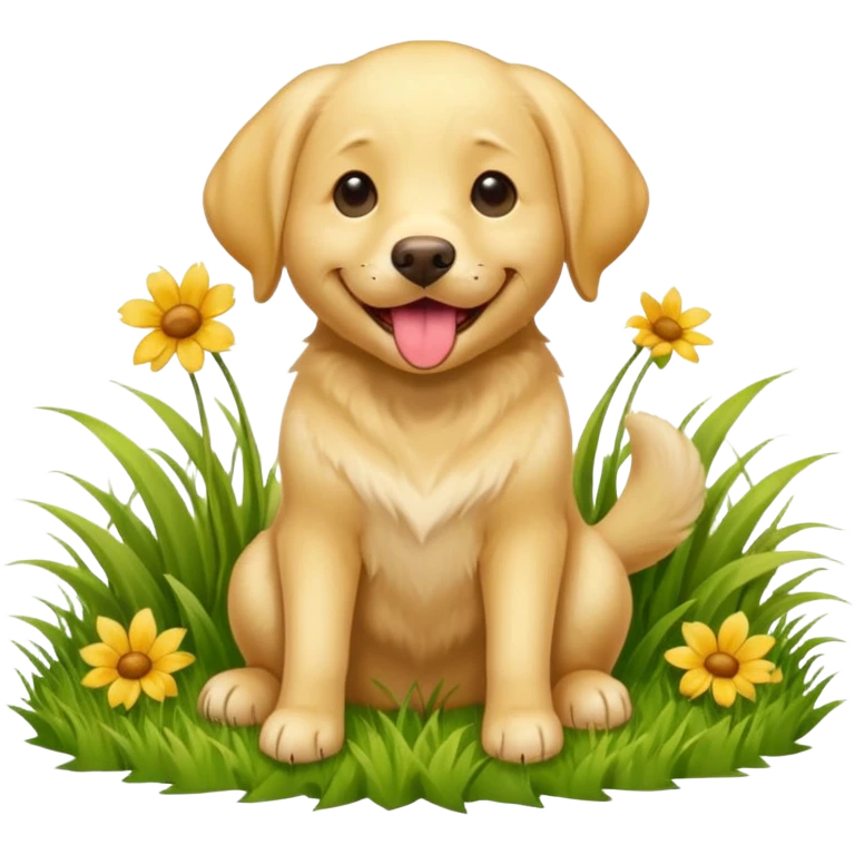 A yellow Labrador Retriever sitting on a grassy field, smiling with its tongue out under bright sunlight. Realistic lighting, outdoor park setting, friendly expression, high detail. emoji