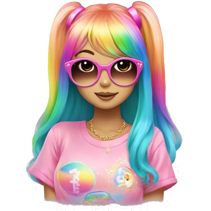 hime gyaru girl, rainbow hair with sparkle, colorful clothes, pink sunglasses emoji