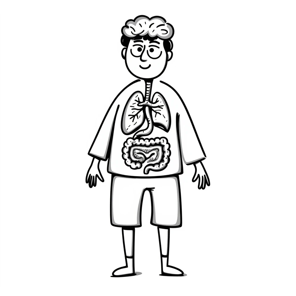 Human body diagram with main organs labeled emoji