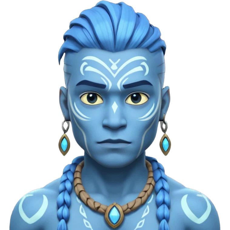 avatar-style Na’vi male portrait, head and shoulders only, blue skin, bioluminescent markings, strong face features, braided hair, tribal necklace, heroic expression, 3D cartoon, mobile game icon style, clean background, no text, no watermark
 emoji