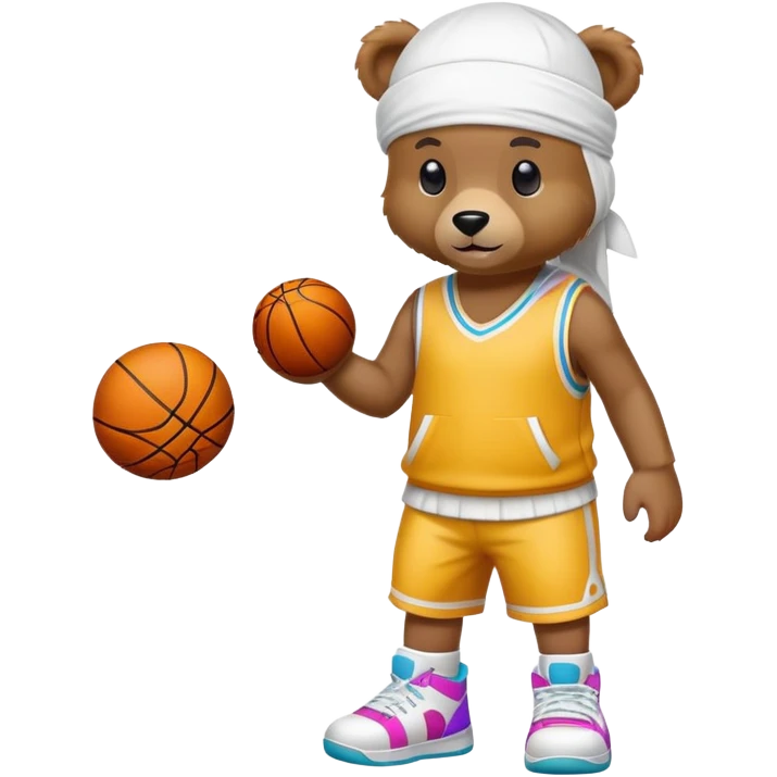 Full-body standing brown bear wearing a white durag on its head and cool colorful basketball sneakers on its feet, cute emoji style emoji