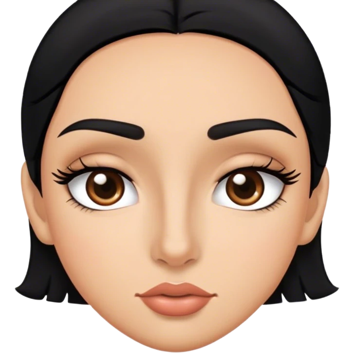 Pelo negro, tez bronceada, ojos marrones y grandes, pestañas, cejas pronunciadas, labios grandes, nariz pequeña emoji