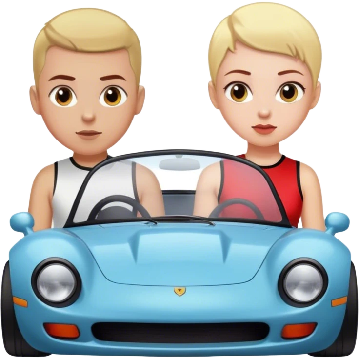 Blonde boy with a buzz cut and a girl with dark red hair in a sports car emoji