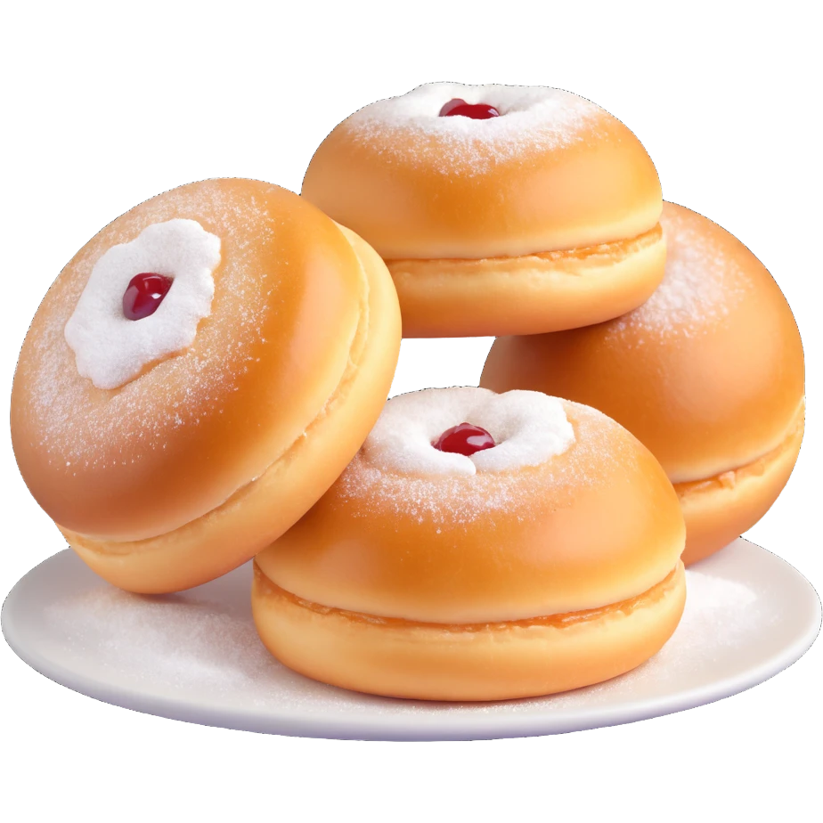 Berliner Krapfen, round, golden-brown, no hole, dusted with powdered sugar, visible jam filling emoji