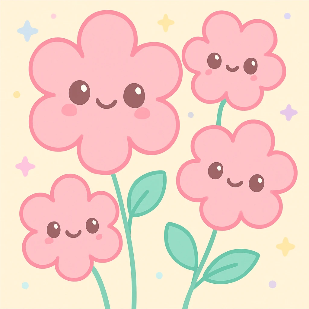 pink flowers, kawaii style, cute and rounded shapes emoji