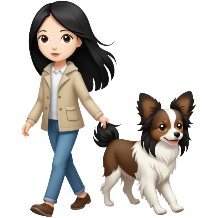 A girl with long black hair is walking a papillon dog, brown and white emoji