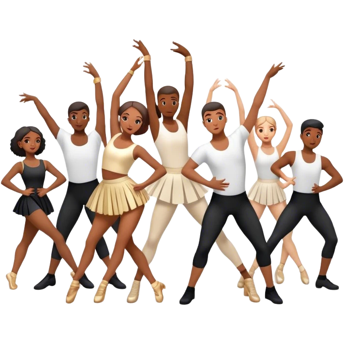 "Icon for Contemporary Dance: a synchronized guys and girls group performance on stage with backup dancers, bright stage lighting, and stylish dance outfits. The icon should capture the energy, precision, and excitement of a modern group dance performance. Transparent background. emoji