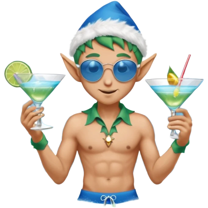elf male in stylish blue swim trunks, palm extended over cocktail glass, conjuring swirling frost and mist to chill it, silver aviator sunglasses, pointy ears, confident smirk, minimalist beach bar backdrop, centered emoji, summer magic emoji