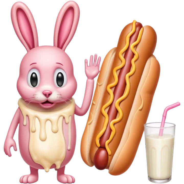 hot dog with exaggerated veins, dripping with mayonnaise and milk, next to a surprised humanoid bunny emoji
