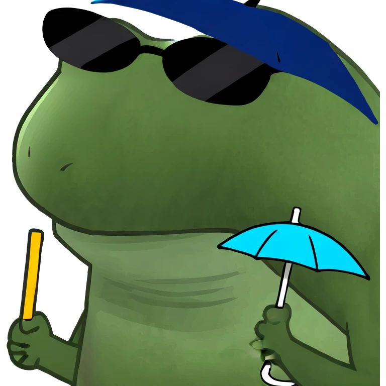 Funny green frog wearing sunglasses and holding a tiny umbrella emoji