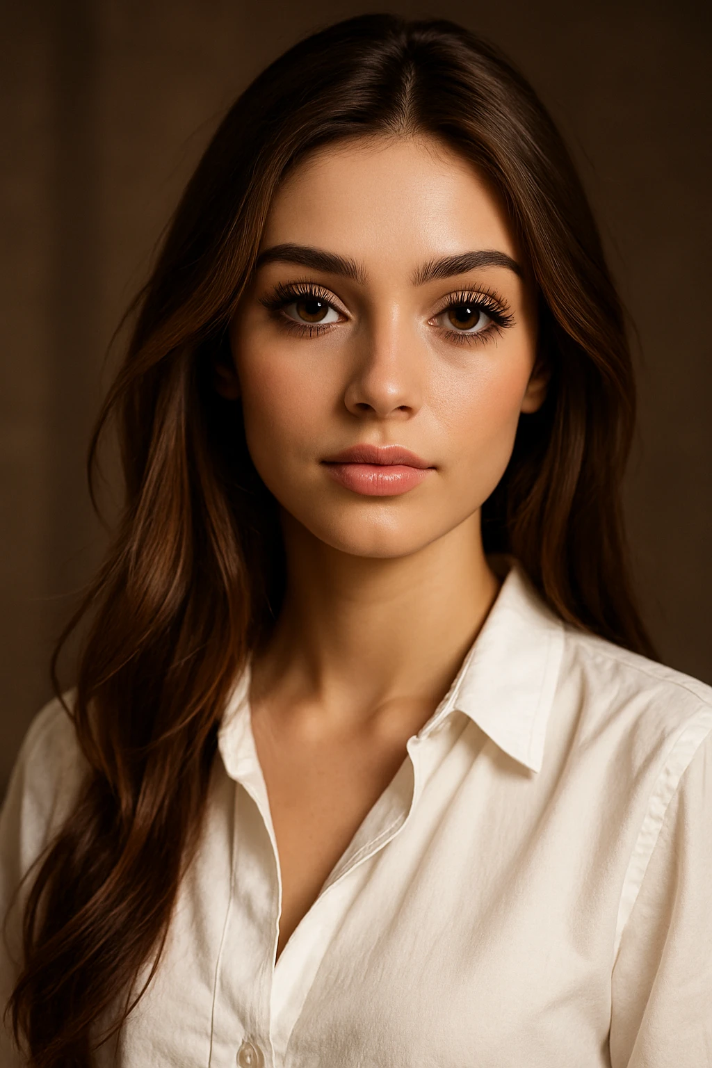 stylish girl, long brown hair, white blouse, long lashes, beautiful, portrait, detailed, beautiful lighting emoji