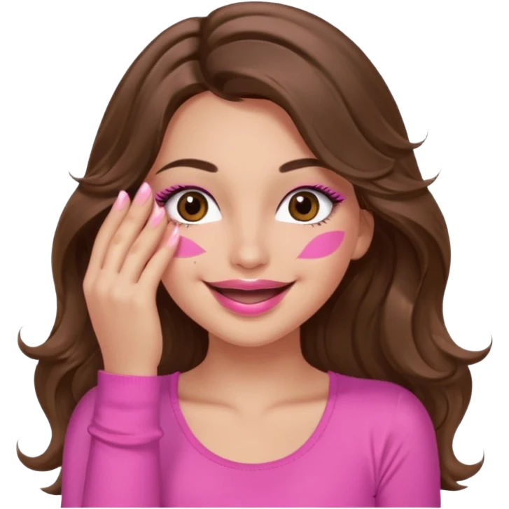 girl with long wavy brown hair, brown eyes, long lashes, sexy pink lips, light to medium complexion, wearing a pink sexy top, smiling, hands covering over the eyes emoji